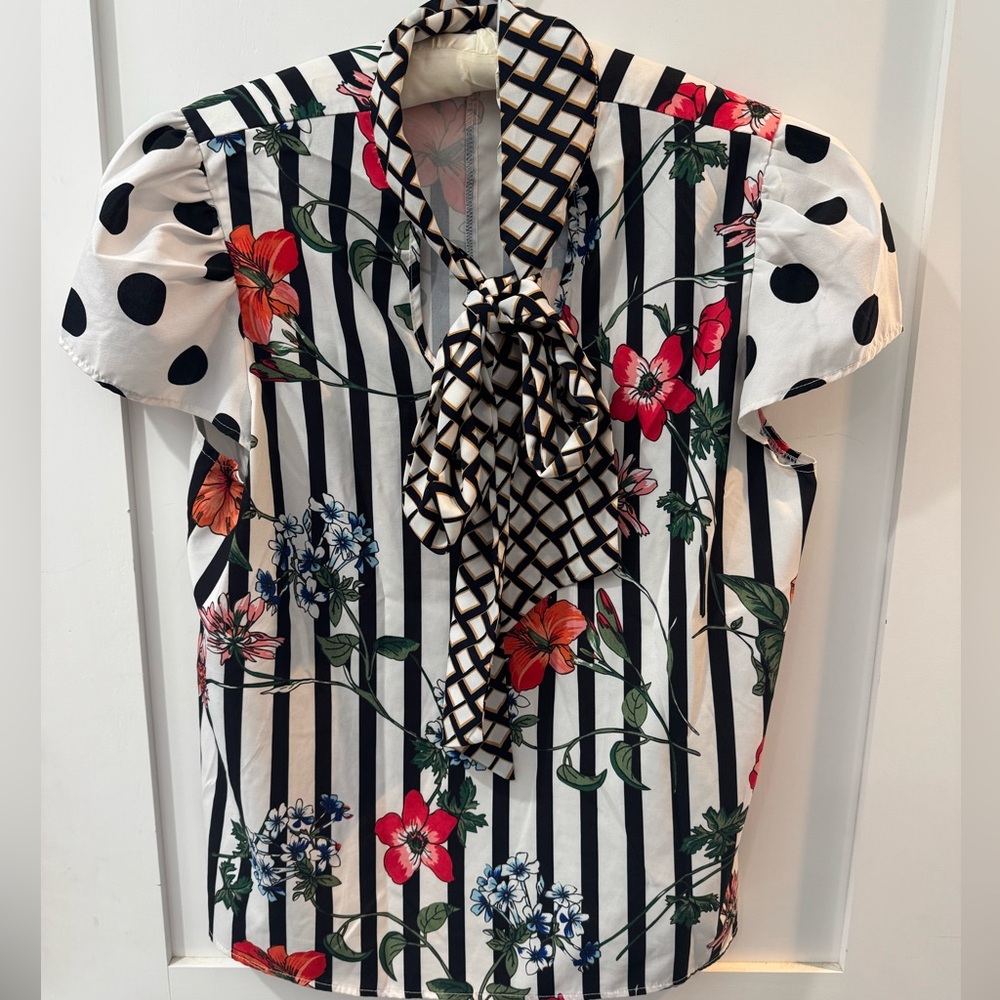 Tie Neck Mixed Floral Print Blouse L